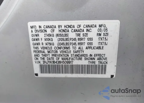 2006 Honda Ridgeline Rts из США, поврежденный, VIN 2HJYK16436H509917